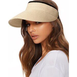 Women’s Straw Sun Visor Hat UPF 80+ Packable Wide Brim Summer Beach Travel